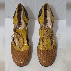 Anyi Lu Yellow and Brown Lace-Up Heels